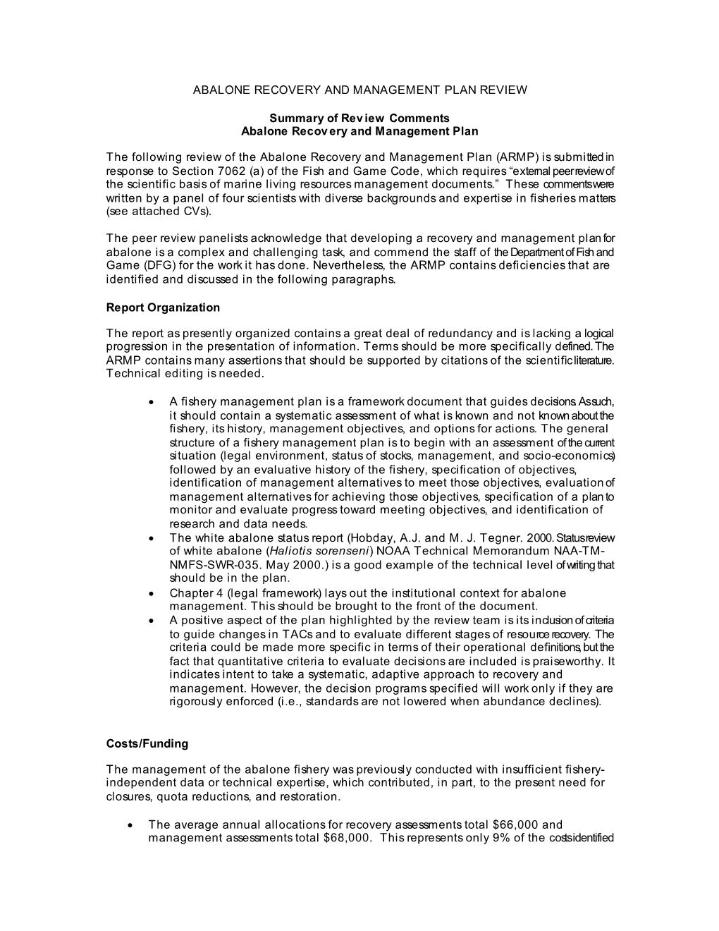 Abalone Recovery and Management Plan, Summary of Review Comments