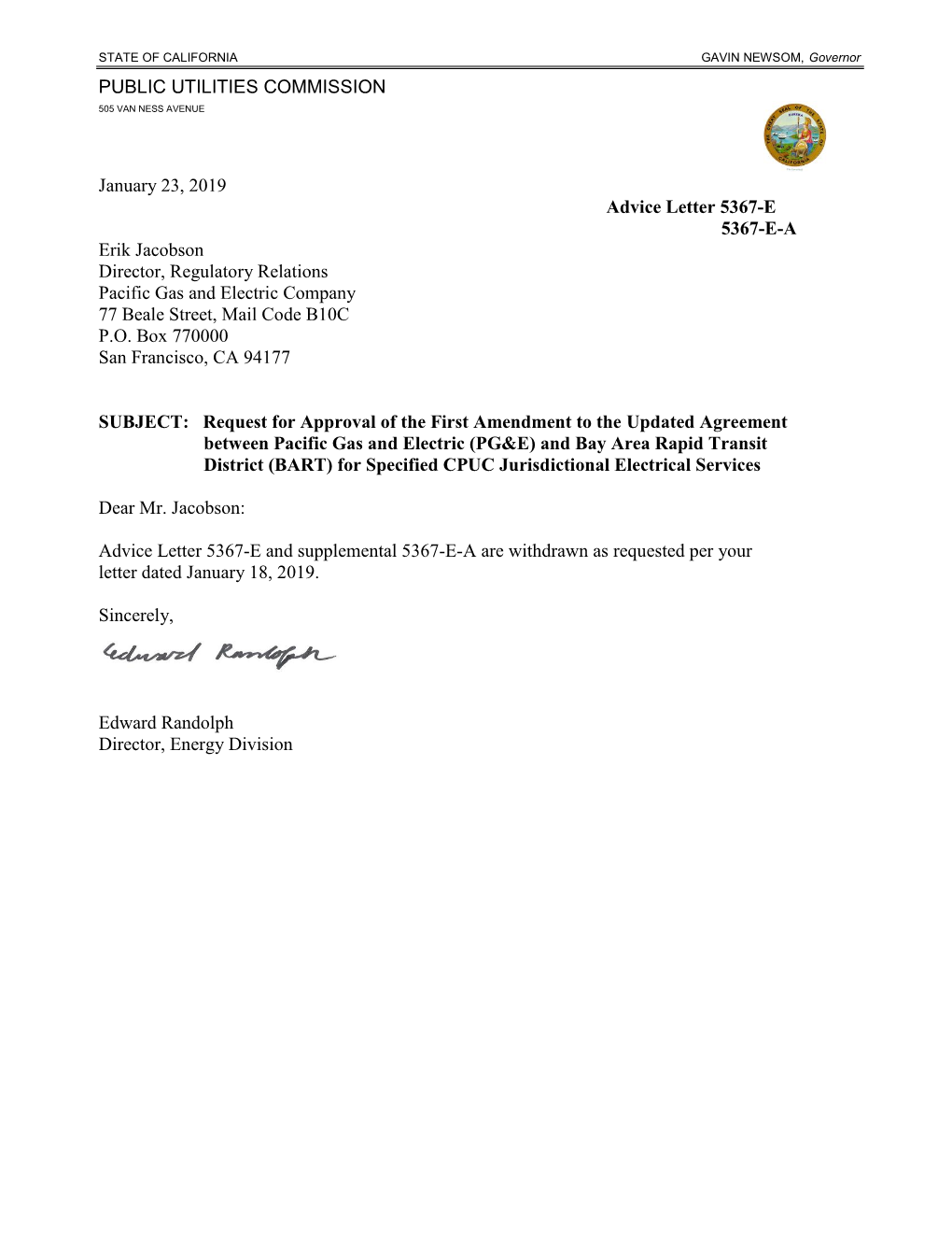 PUBLIC UTILITIES COMMISSION January 23, 2019 Advice Letter