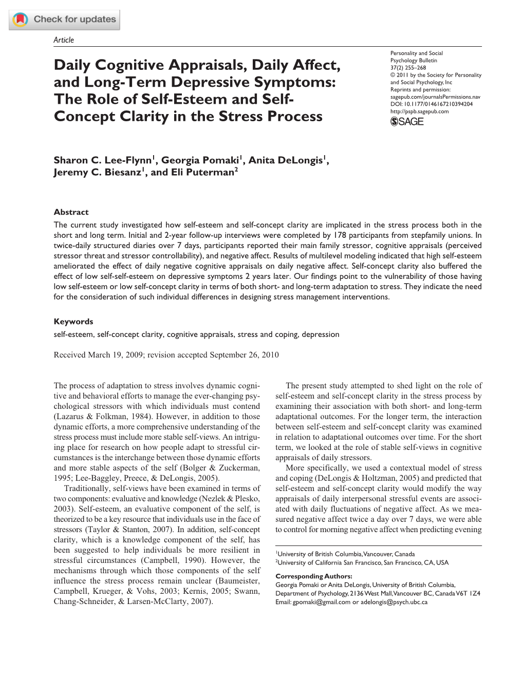 Daily Cognitive Appraisals, Daily Affect, and Long-Term Depressive Symptoms: the Role of Self-Esteem and Self-Concept Clarity In