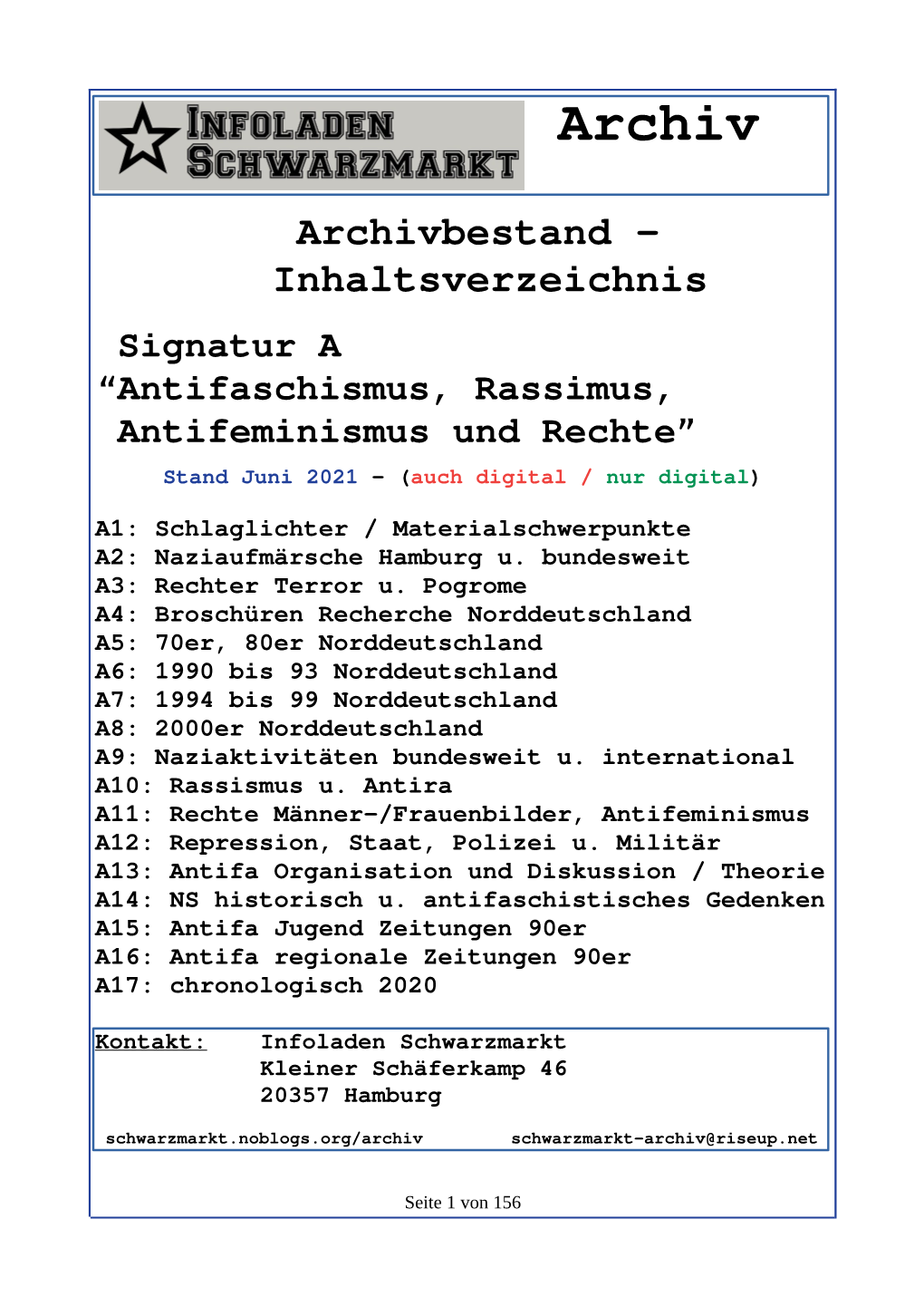 Infoladen Schwarzmarkt Archiv Gesamtverzeichnis A