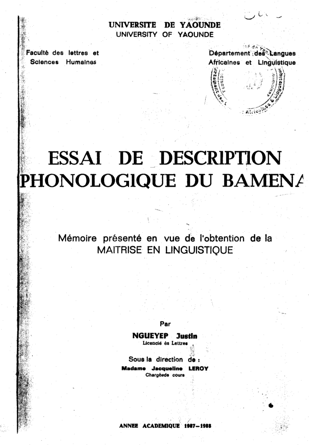Descrlptlon ~Honologiquephonologlque DU BAMENI
