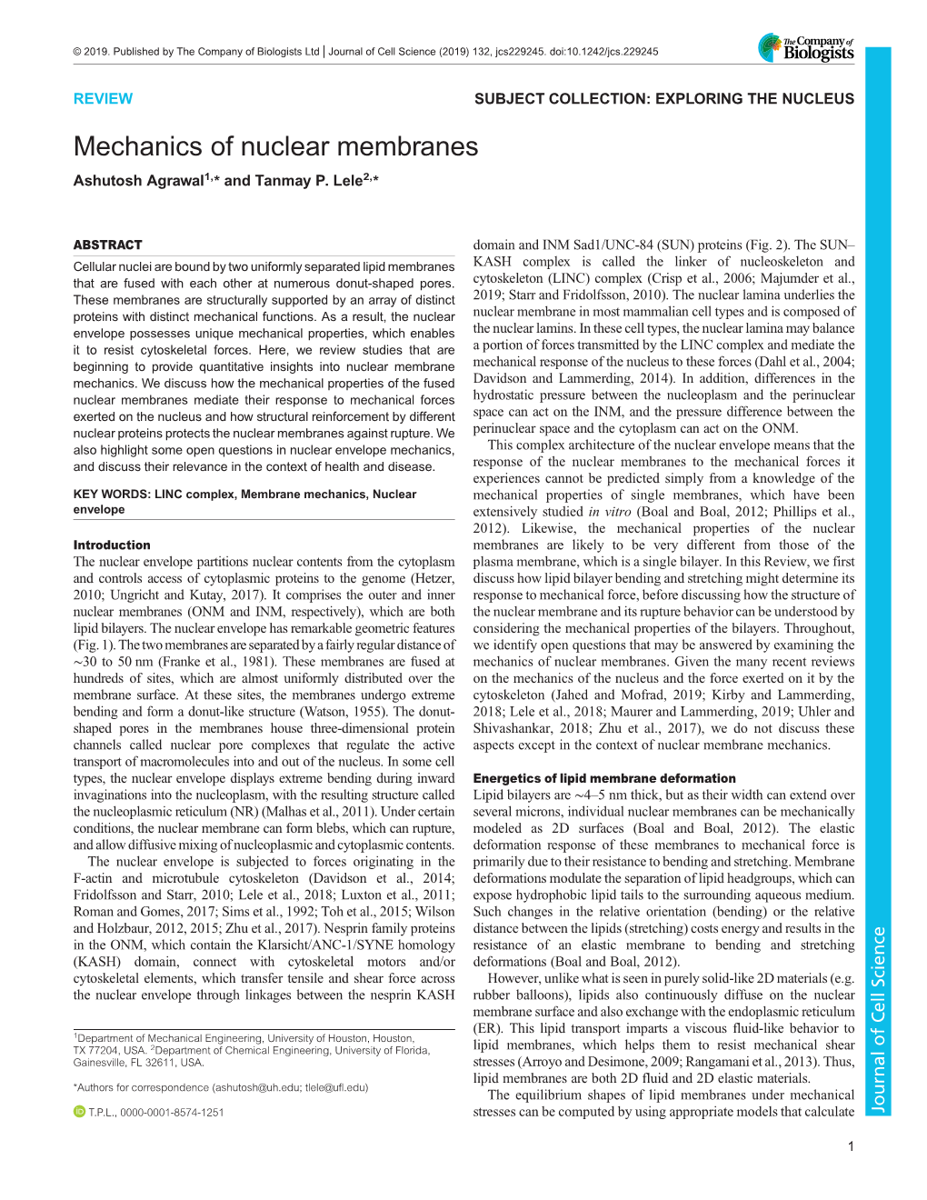 Mechanics of Nuclear Membranes Ashutosh Agrawal1,* and Tanmay P
