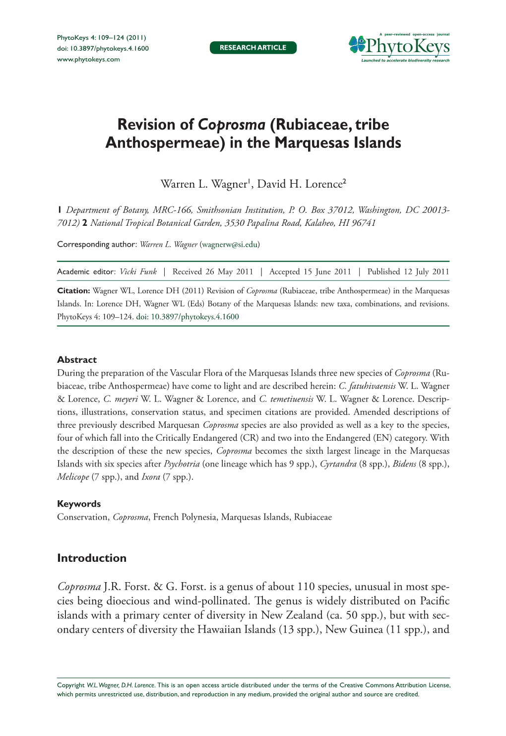 Revision of Coprosma (Rubiaceae, Tribe Anthospermeae) in the Marquesas Islands