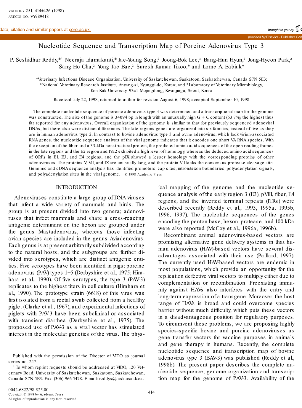 Nucleotide Sequence and Transcription Map of Porcine Adenovirus Type 3