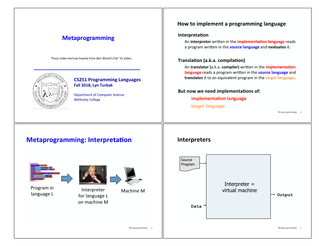 Metaprogramming Interpretabon an Interpreter Wriden in the Implementabon Language Reads a Program Wriden in the Source Language and Evaluates It