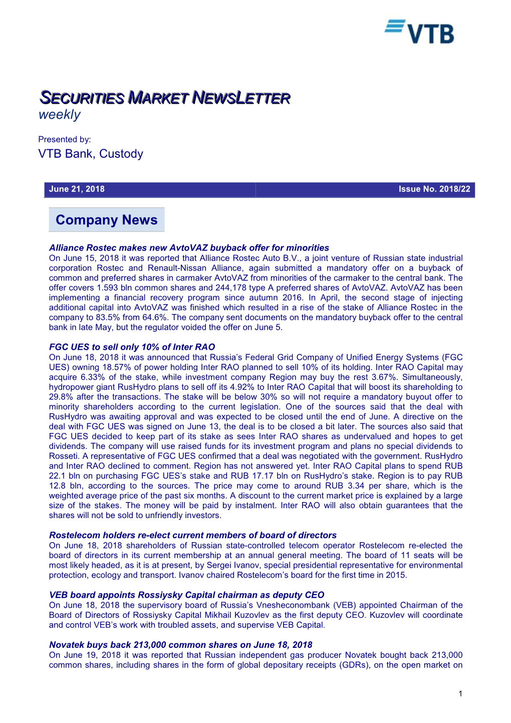Company News SECURITIES MARKET NEWS LETTER Weekly