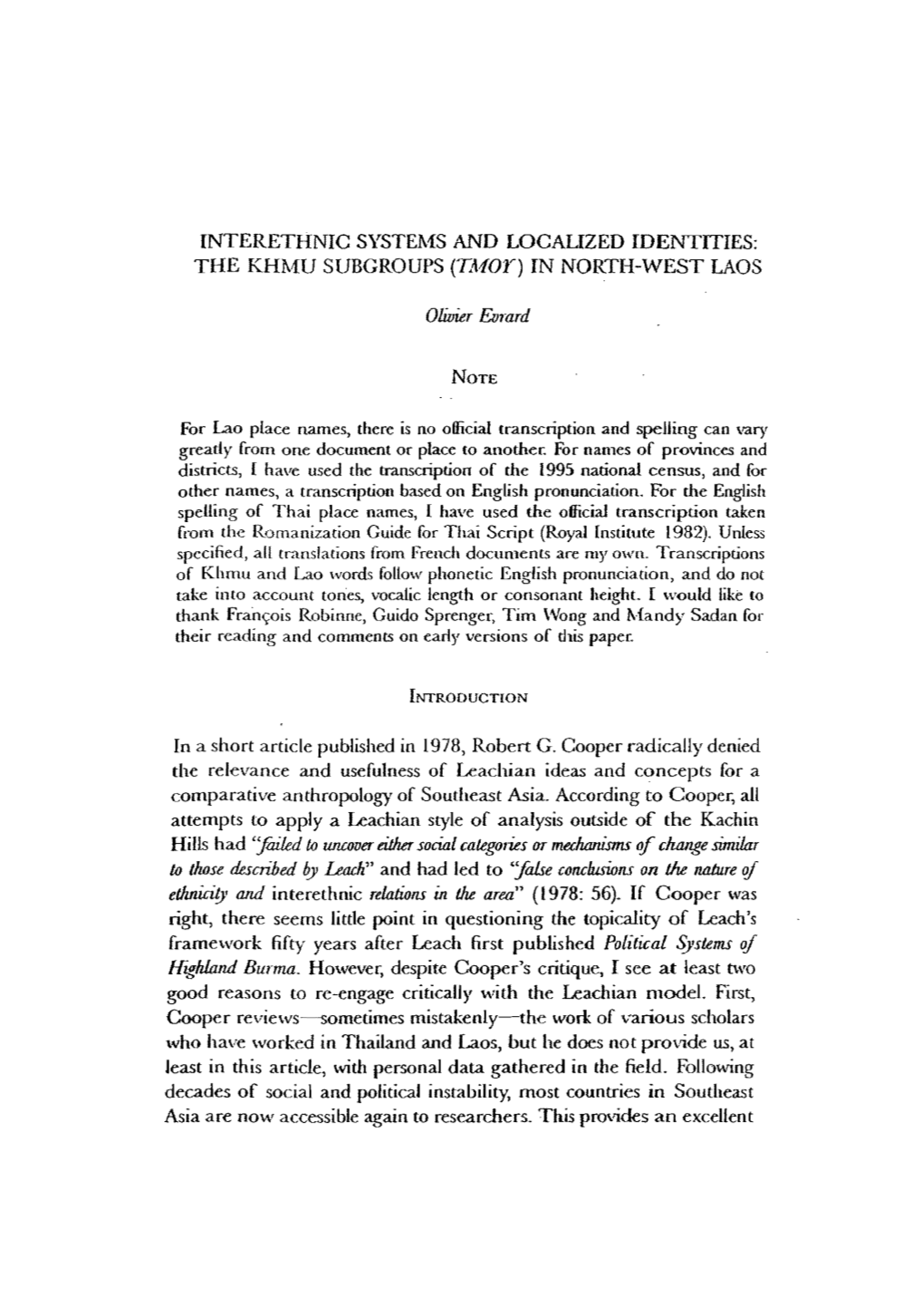 THE KHMU SUBGROUPS (T.Ifoy) in NORTH-WEST LAOS