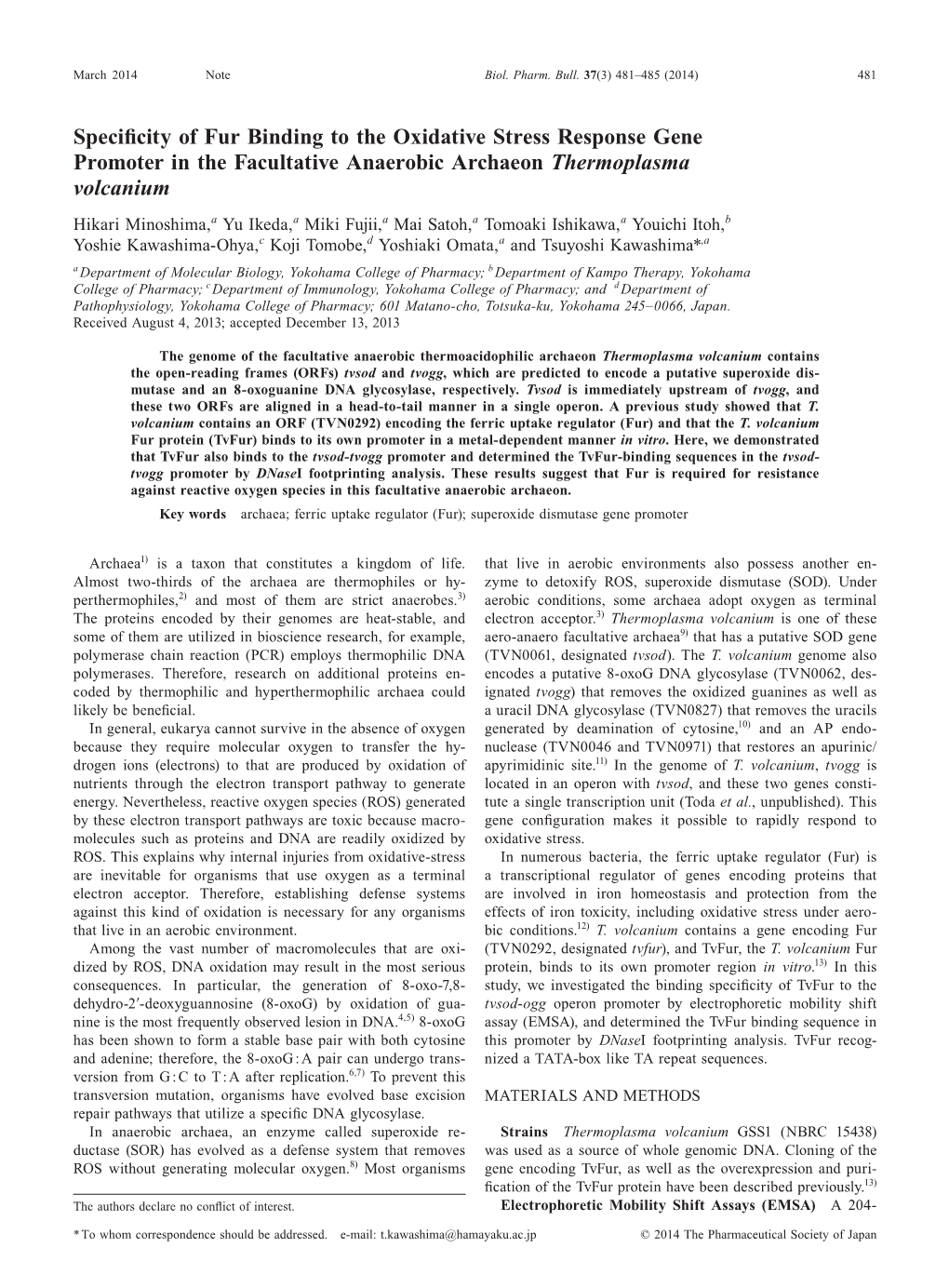 Specificity of Fur Binding to the Oxidative Stress Response Gene