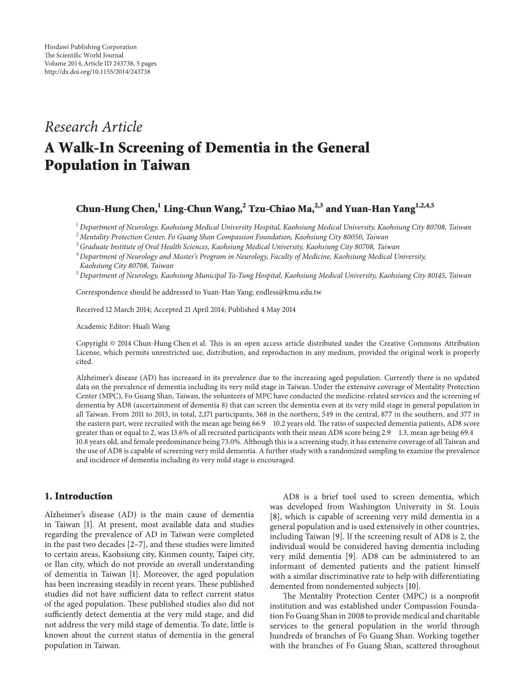 A Walk-In Screening of Dementia in the General Population in Taiwan