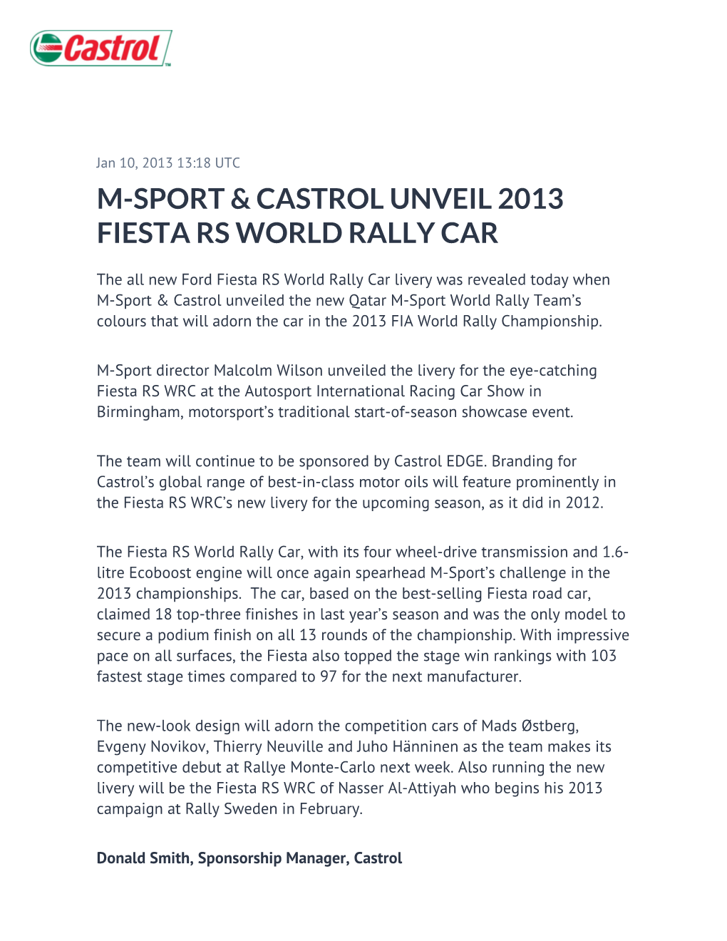 M-Sport & Castrol Unveil 2013 Fiesta Rs World Rally