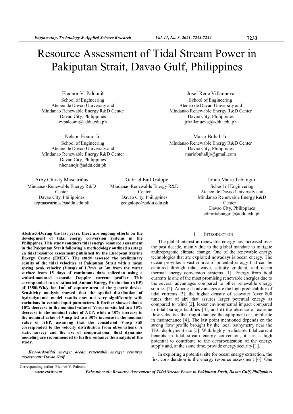 Resource Assessment of Tidal Stream Power in Pakiputan Strait, Davao Gulf, Philippines