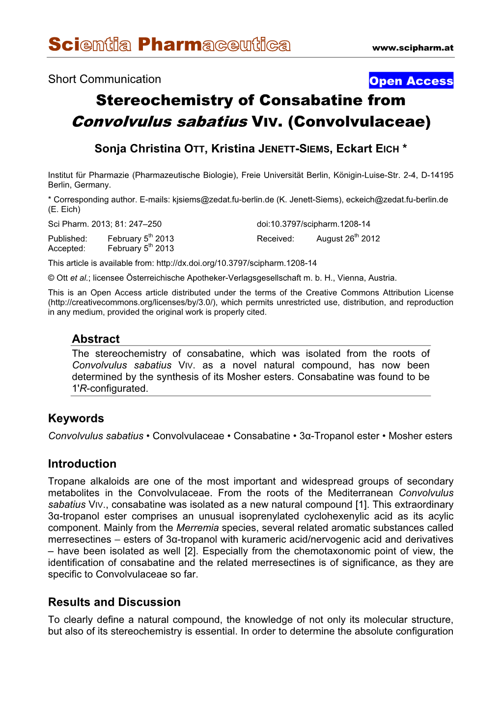 Stereochemistry of Consabatine from Convolvulus Sabatius VIV