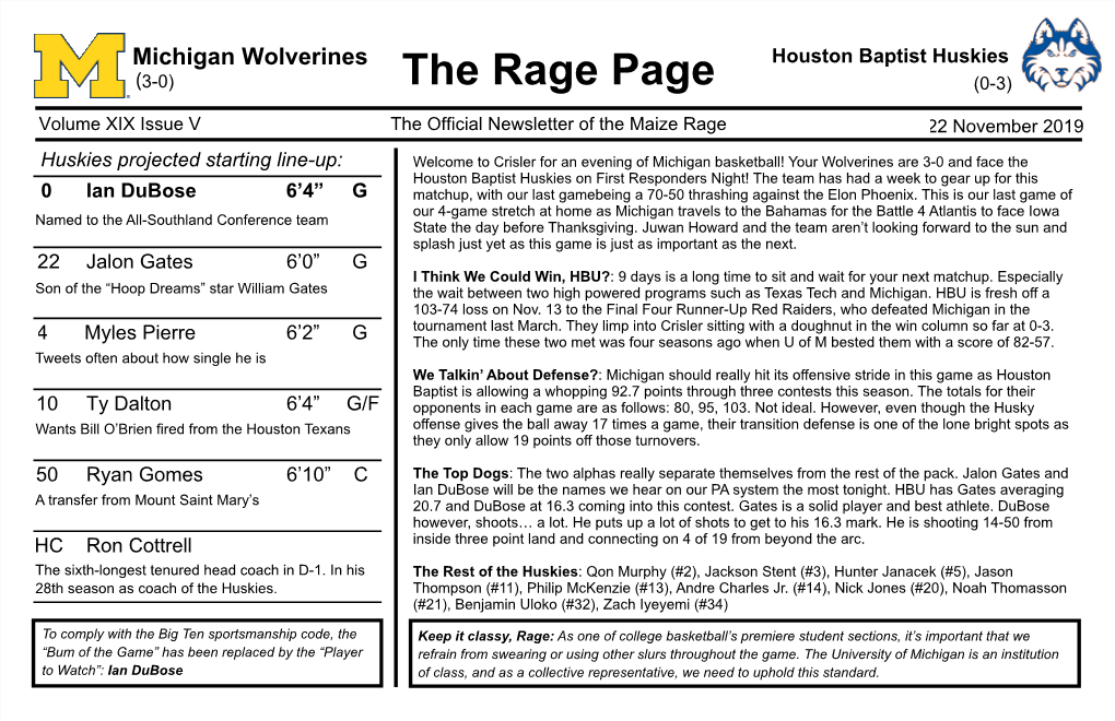 Houston Baptist Huskies (3-0) the Rage Page (0-3)