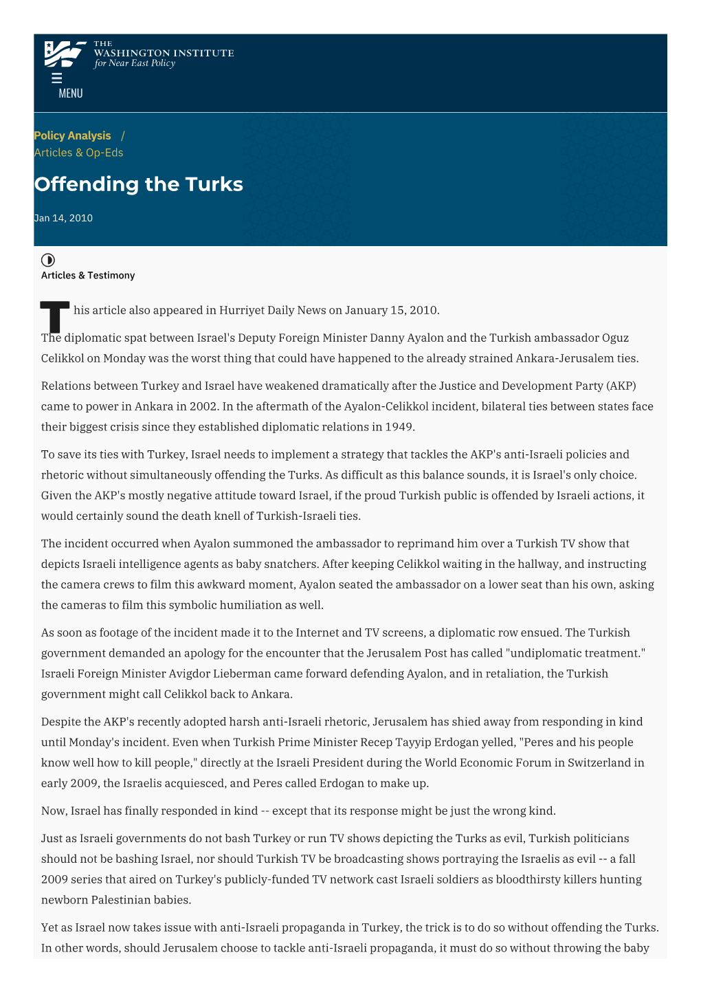 Offending the Turks | the Washington Institute