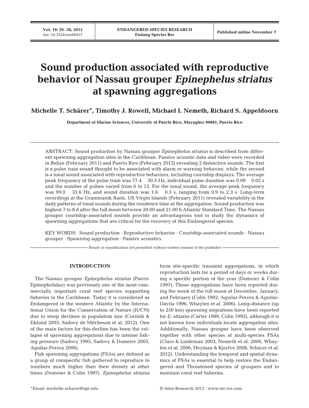 Sound Production Associated with Reproductive Behavior of Nassau Grouper Epinephelus Striatus at Spawning Aggregations