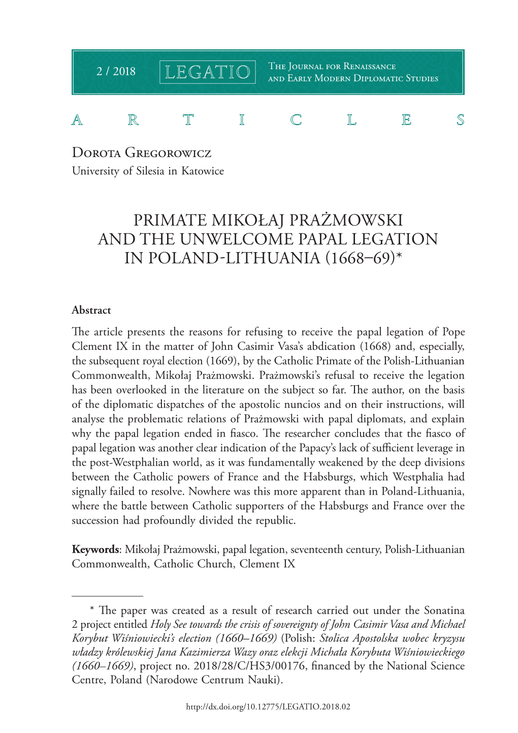 Primate Mikołaj Prażmowski and the Unwelcome Papal Legation in Poland-Lithuania (1668–69)* 1