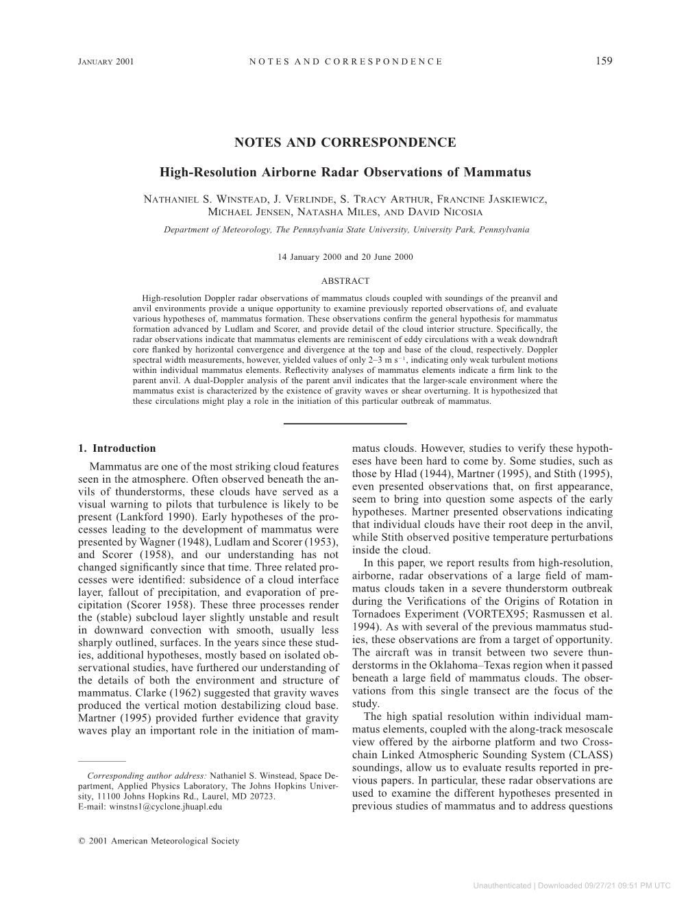NOTES and CORRESPONDENCE High-Resolution Airborne Radar Observations of Mammatus
