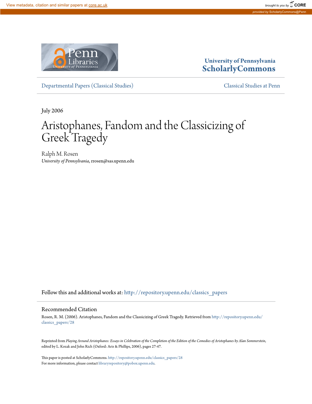 Aristophanes, Fandom and the Classicizing of Greek Tragedy Ralph M