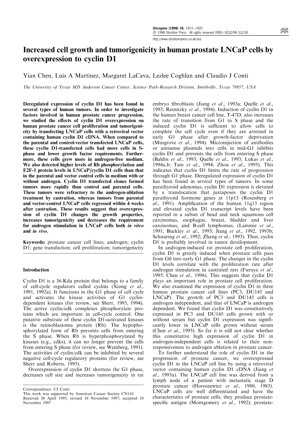 Increased Cell Growth and Tumorigenicity in Human Prostate Lncap Cells by Overexpression to Cyclin D1