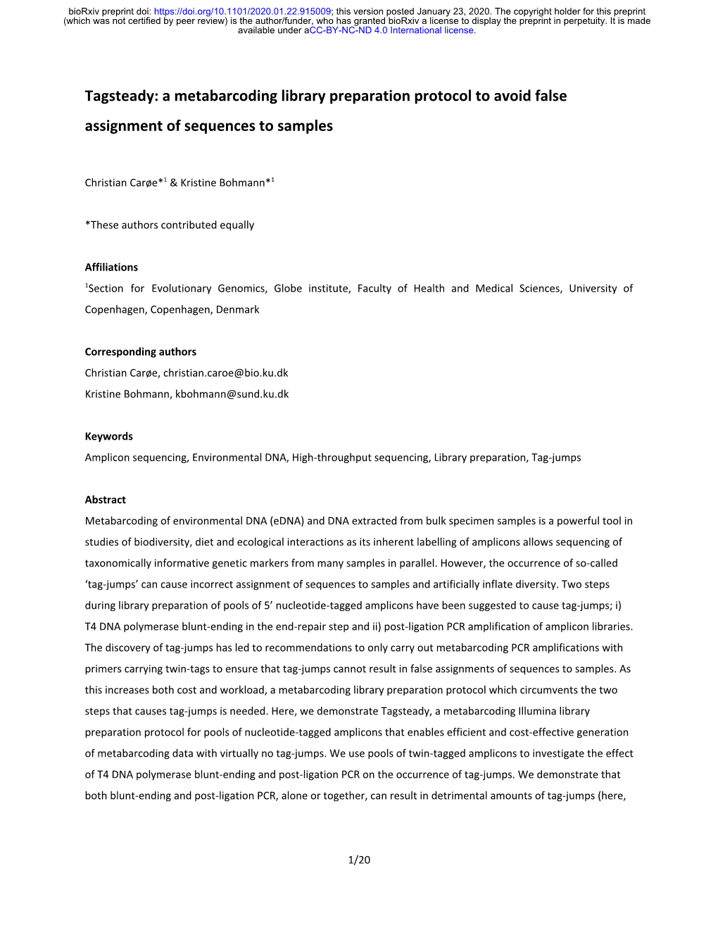 Tagsteady: a Metabarcoding Library Preparation Protocol to Avoid False Assignment of Sequences to Samples