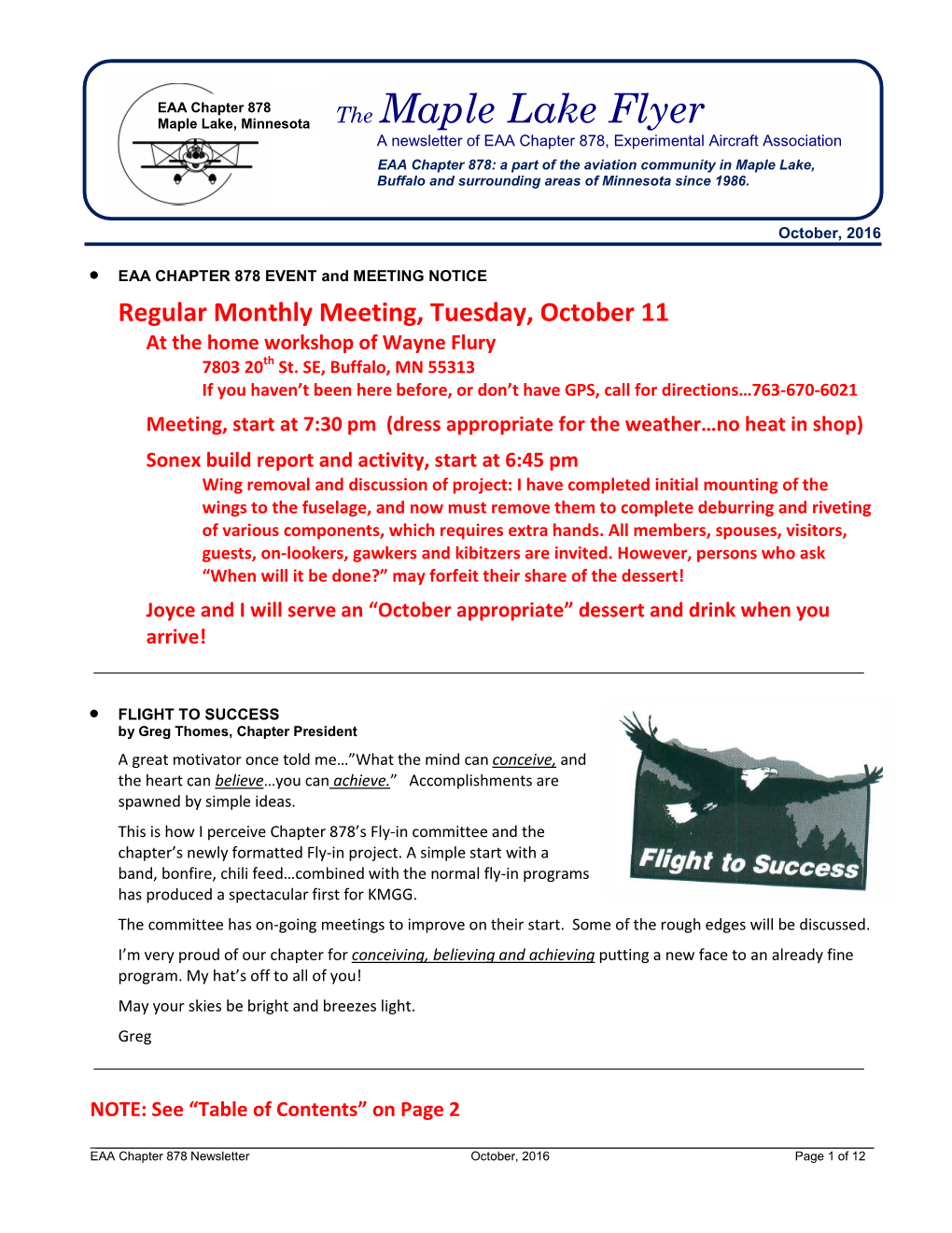 The Maple Lake Flyer a Newsletter of EAA Chapter 878, Experimental Aircraft Association