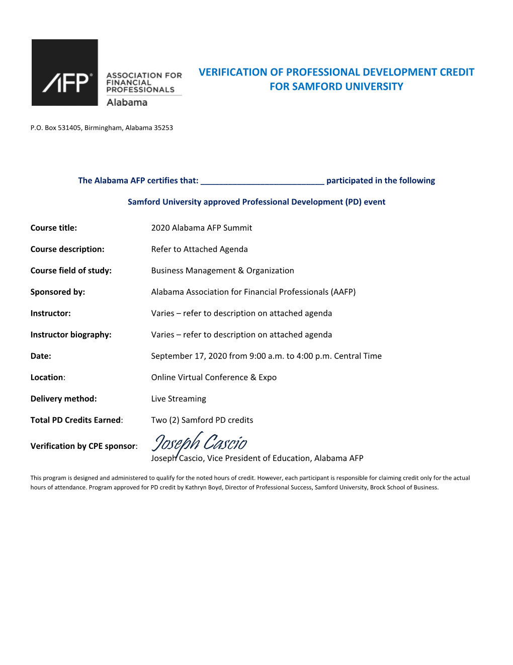 Verification of Professional Development Credit for Samford University