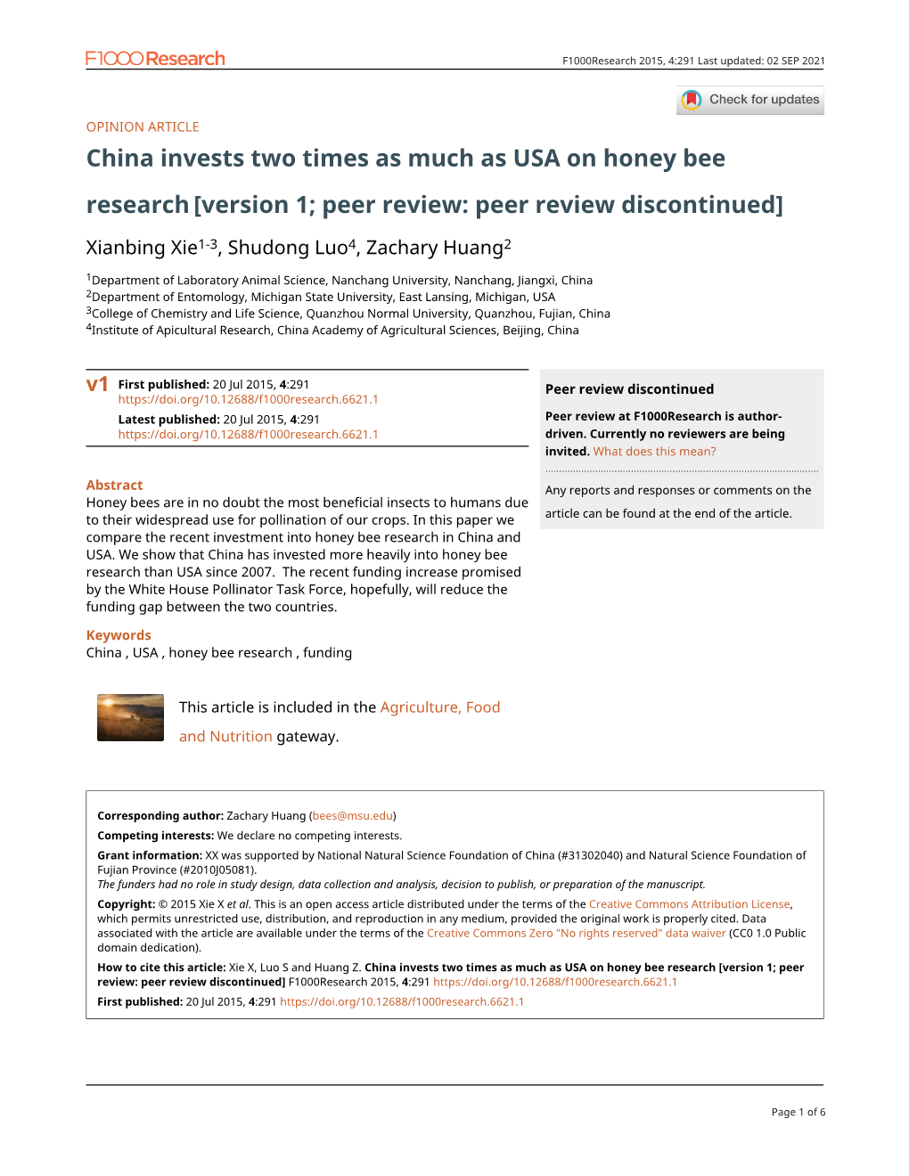 China Invests Two Times As Much As USA on Honey Bee Research [Version 1; Peer Review: Peer Review Discontinued]