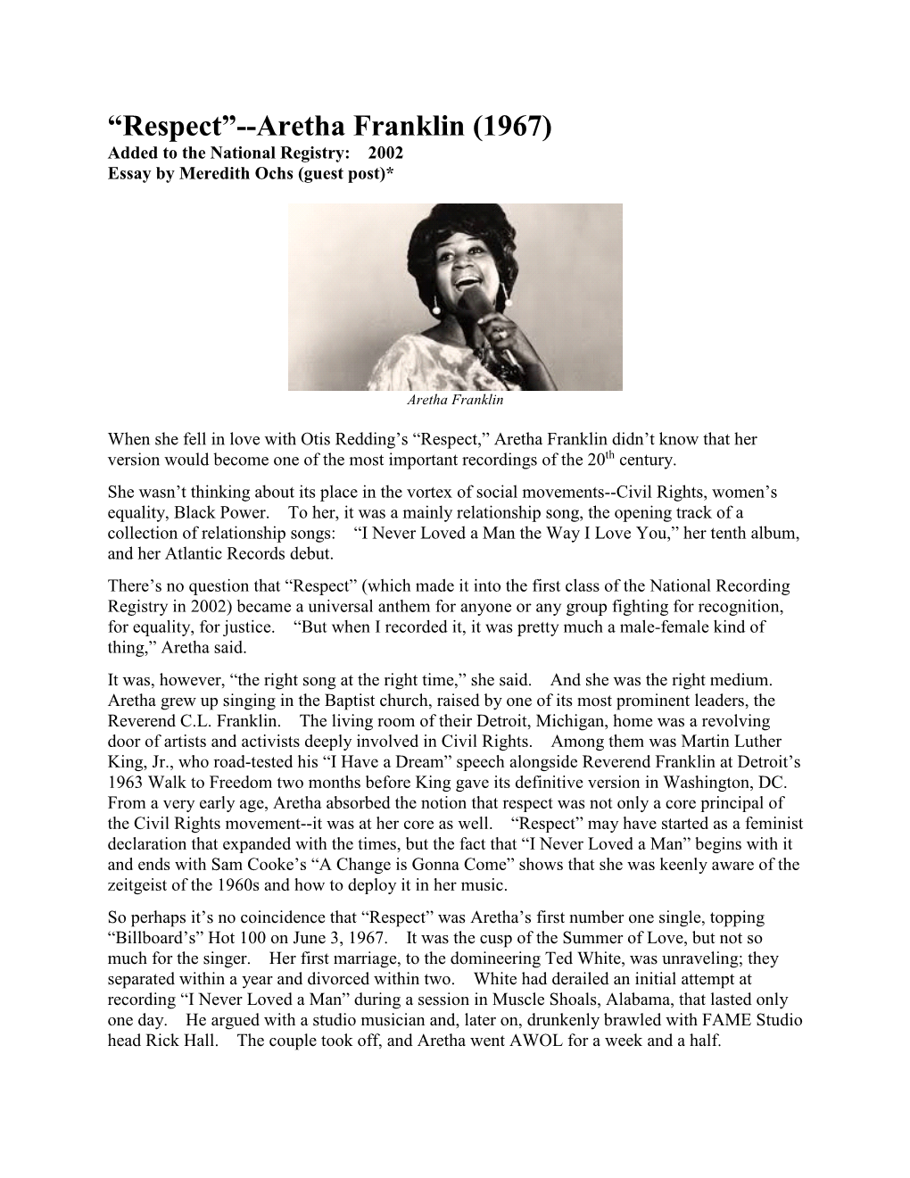 “Respect”--Aretha Franklin (1967) Added to the National Registry: 2002 Essay by Meredith Ochs (Guest Post)*