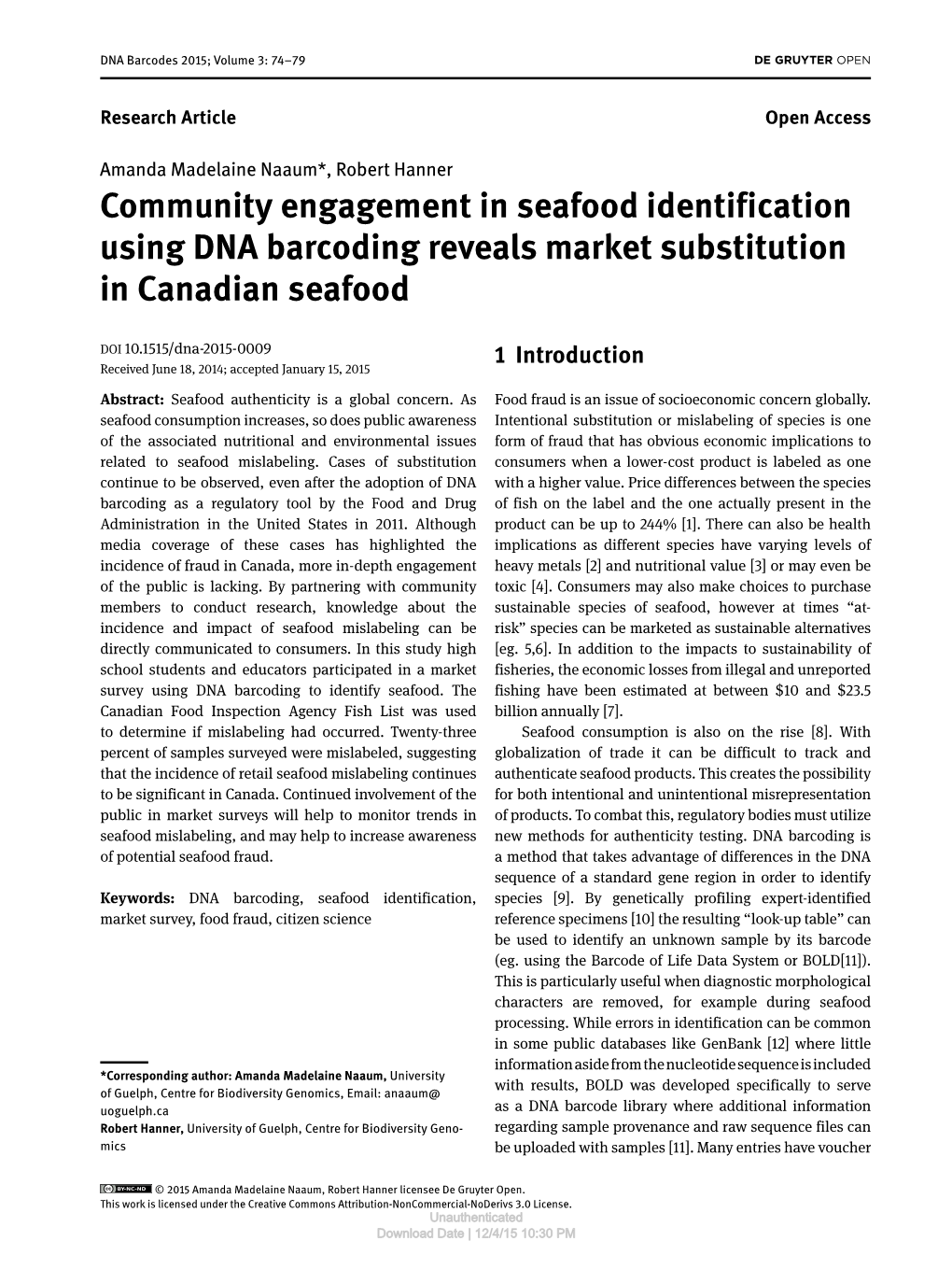 Community Engagement in Seafood Identification Using DNA Barcoding Reveals Market Substitution in Canadian Seafood