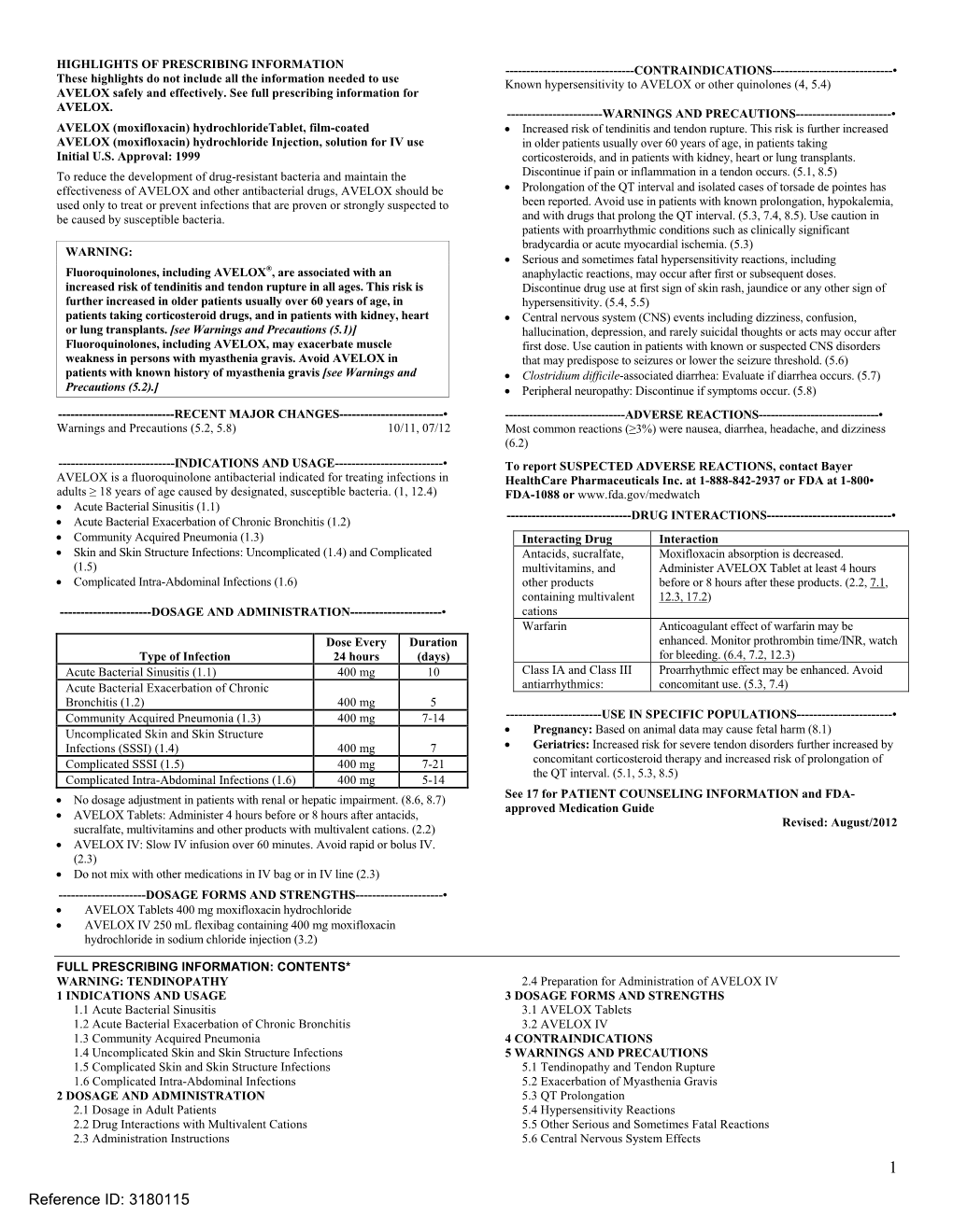 AVELOX (Moxifloxacin) Hydrochloride Label