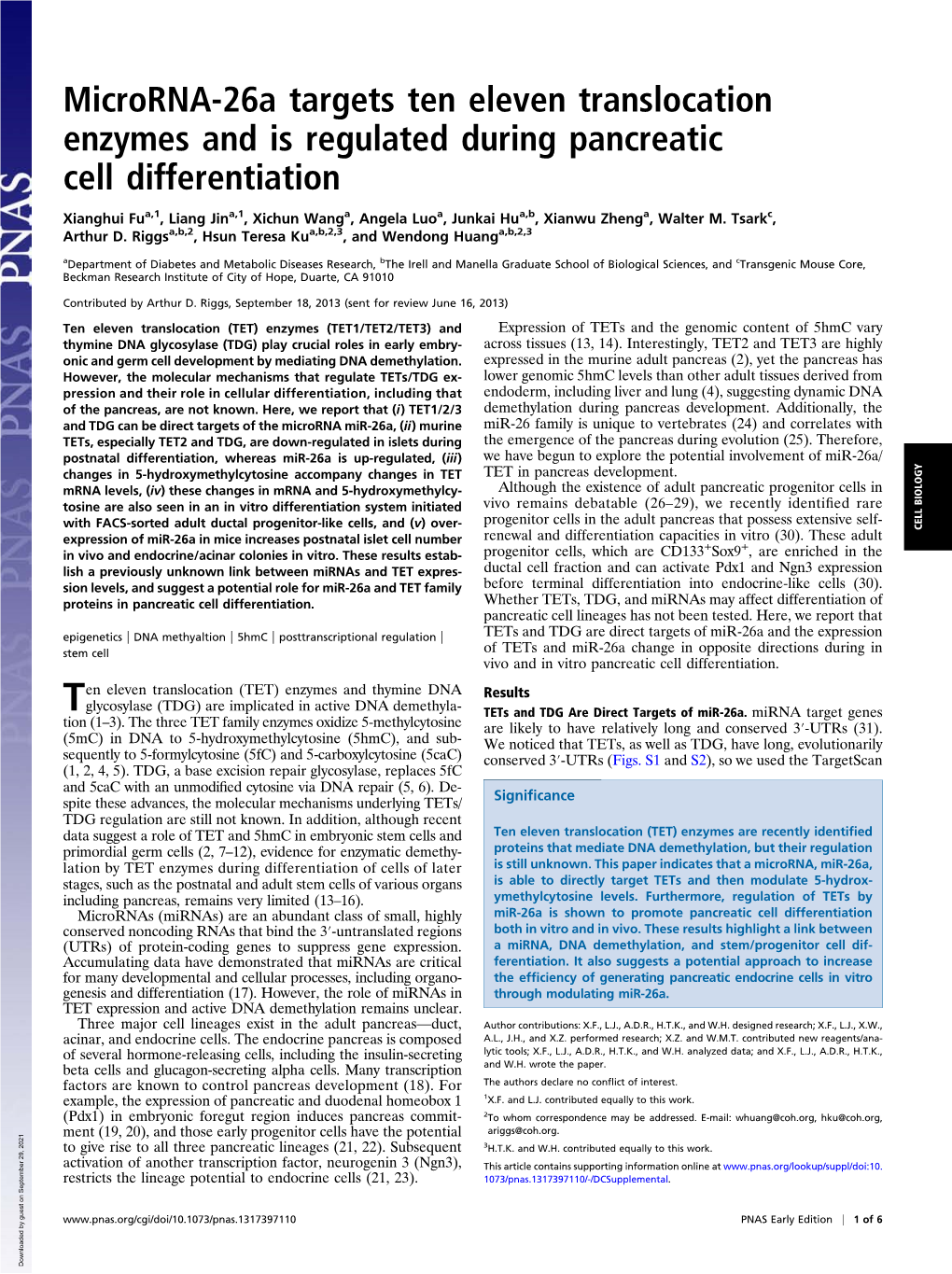 Microrna-26A Targets Ten Eleven Translocation Enzymes and Is Regulated During Pancreatic Cell Differentiation
