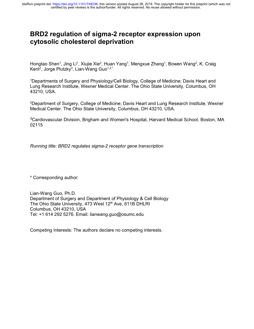 BRD2 Regulation of Sigma-2 Receptor Expression Upon Cytosolic Cholesterol Deprivation