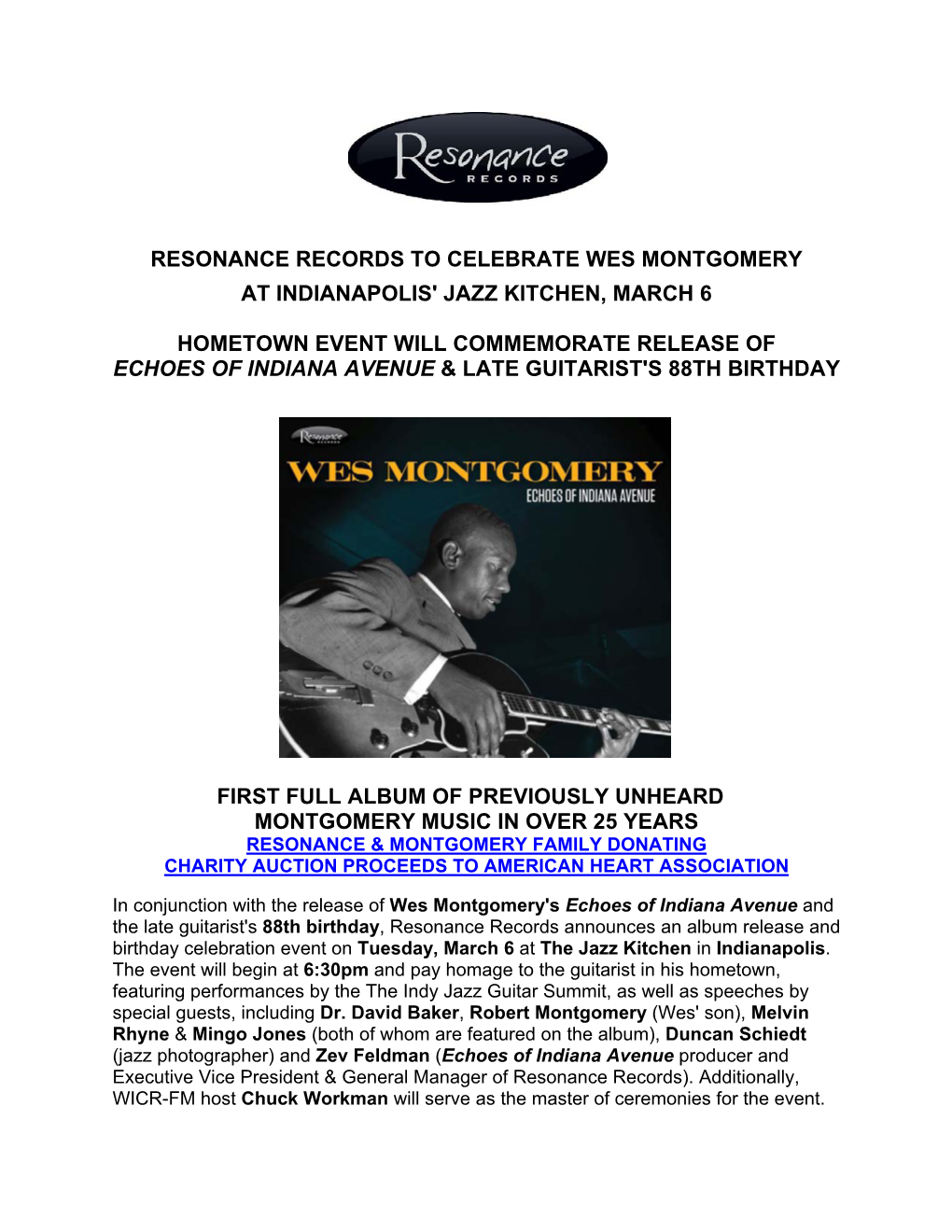 Resonance Records to Celebrate Wes Montgomery at Indianapolis' Jazz Kitchen, March 6