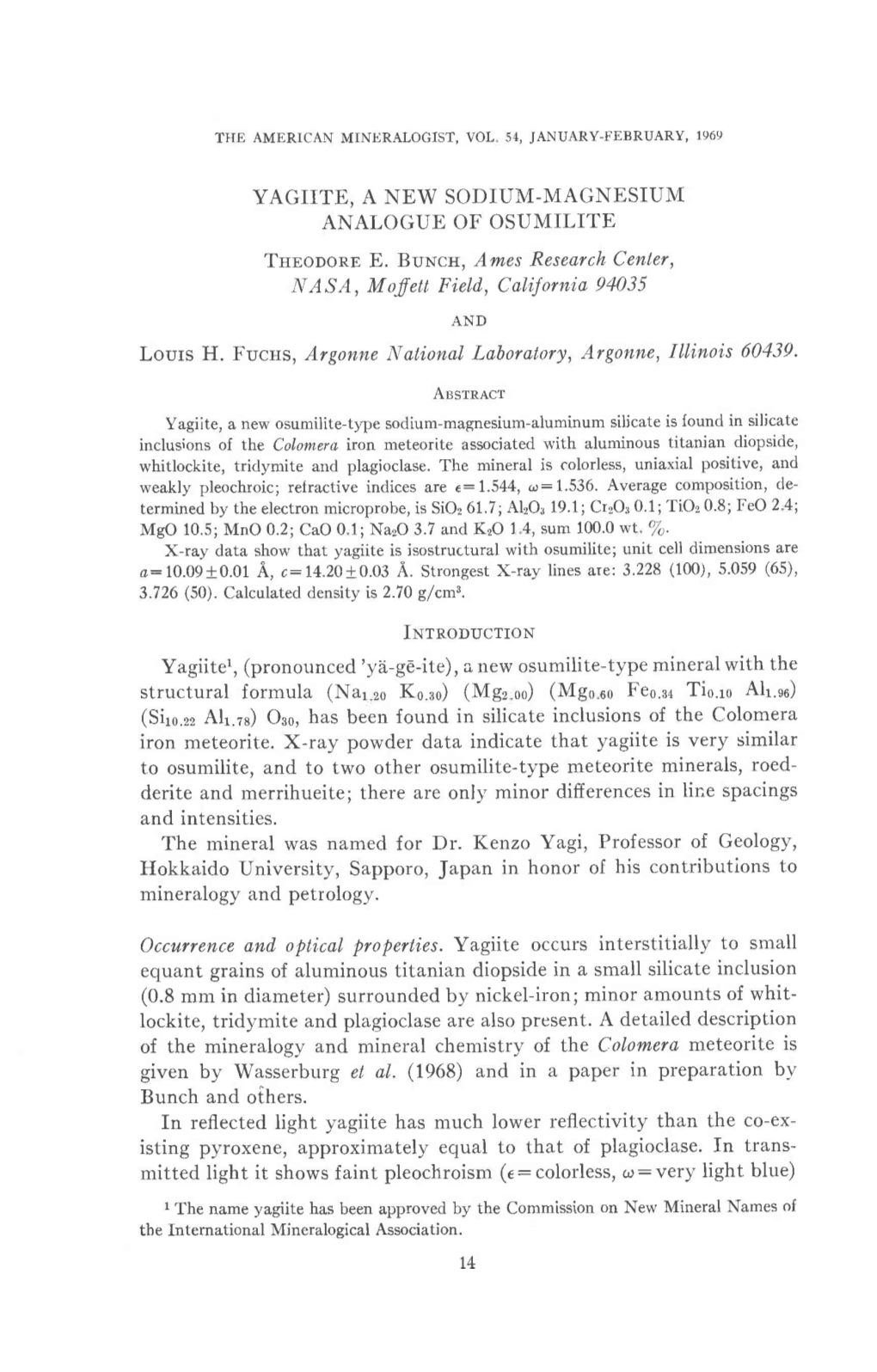 YAGIITE, a NEW SODIUM-MAGNESIUM ANALOGUE of OSUMILITE Tnnooono E. Buncn, Ames Research Center, 1R,4S,4, Mofett Field,, Calijorni