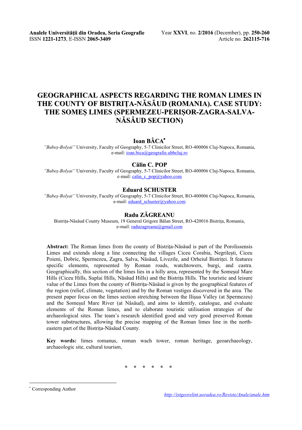 Geographical Aspects Regarding the Roman Limes in the County of Bistrița-Năsăud (Romania). Case Study: the Someș Limes (Sper