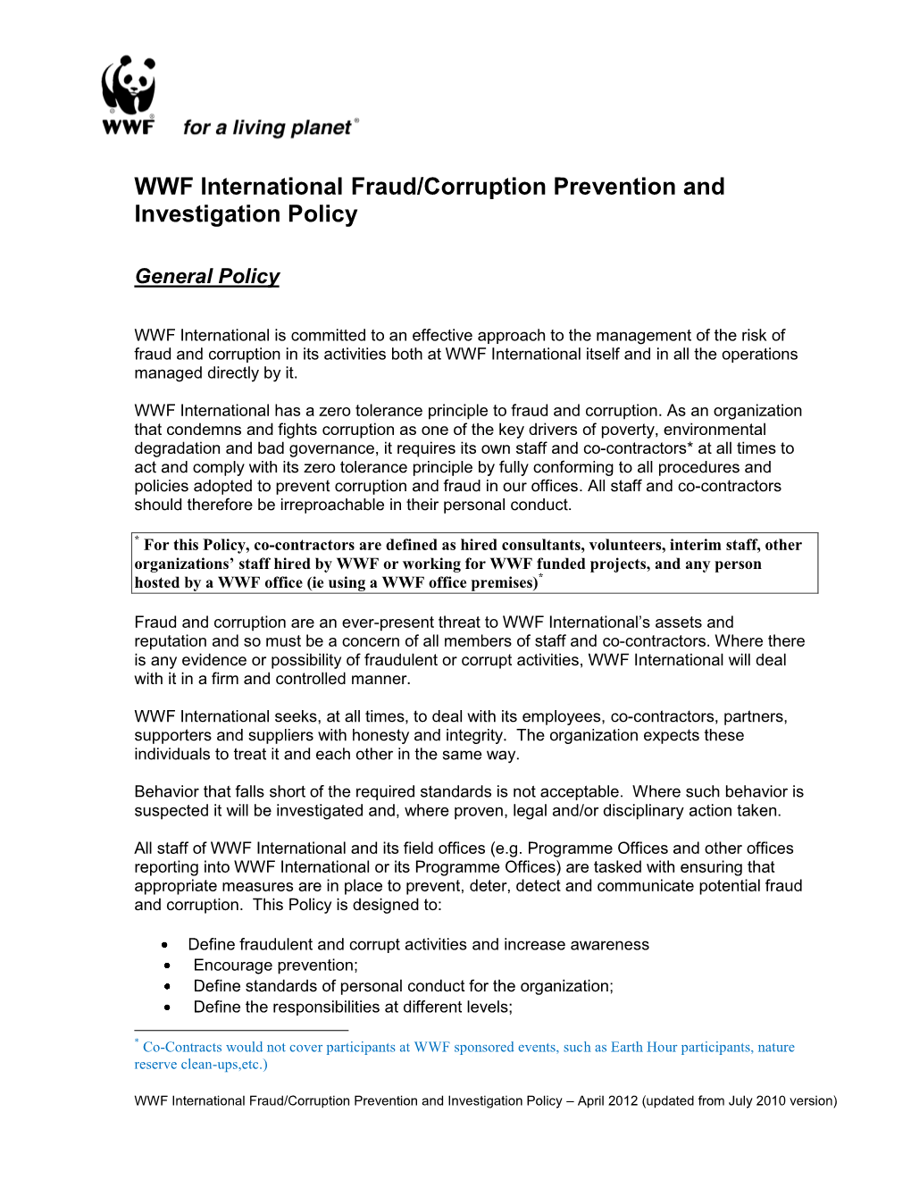 WWF International Fraud/Corruption Prevention and Investigation Policy