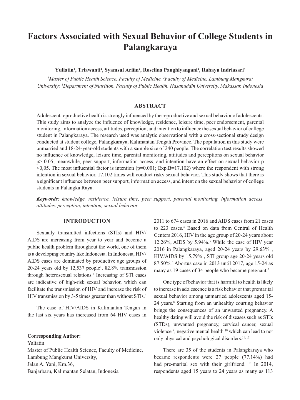 Factors Associated with Sexual Behavior of College Students in Palangkaraya