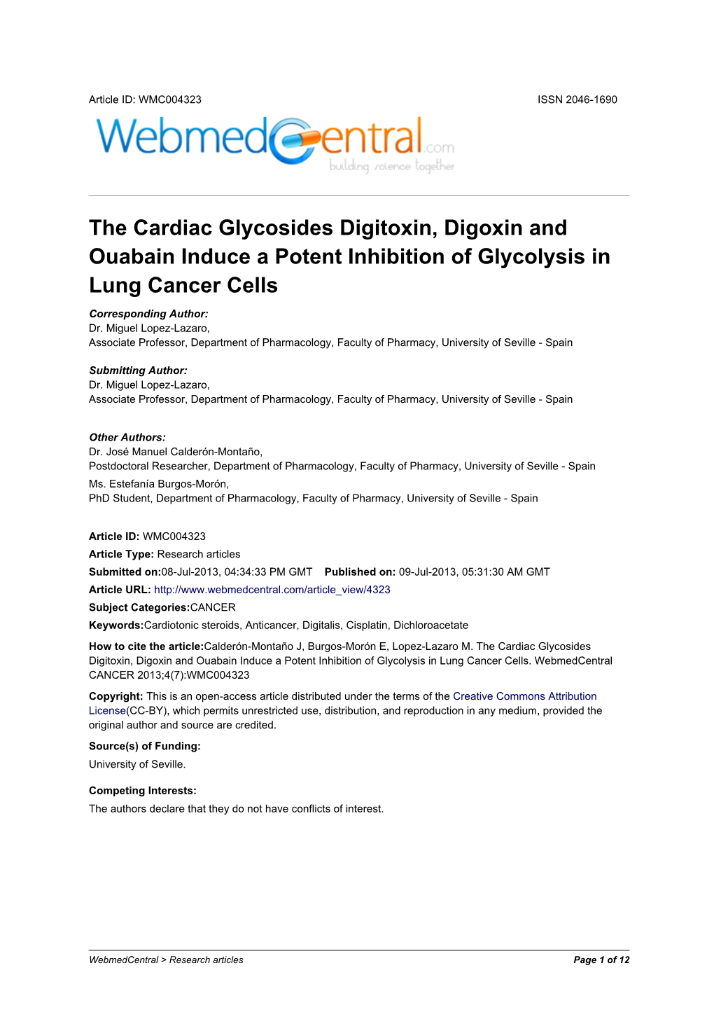 The Cardiac Glycosides Digitoxin, Digoxin and Ouabain Induce a Potent Inhibition of Glycolysis in Lung Cancer Cells