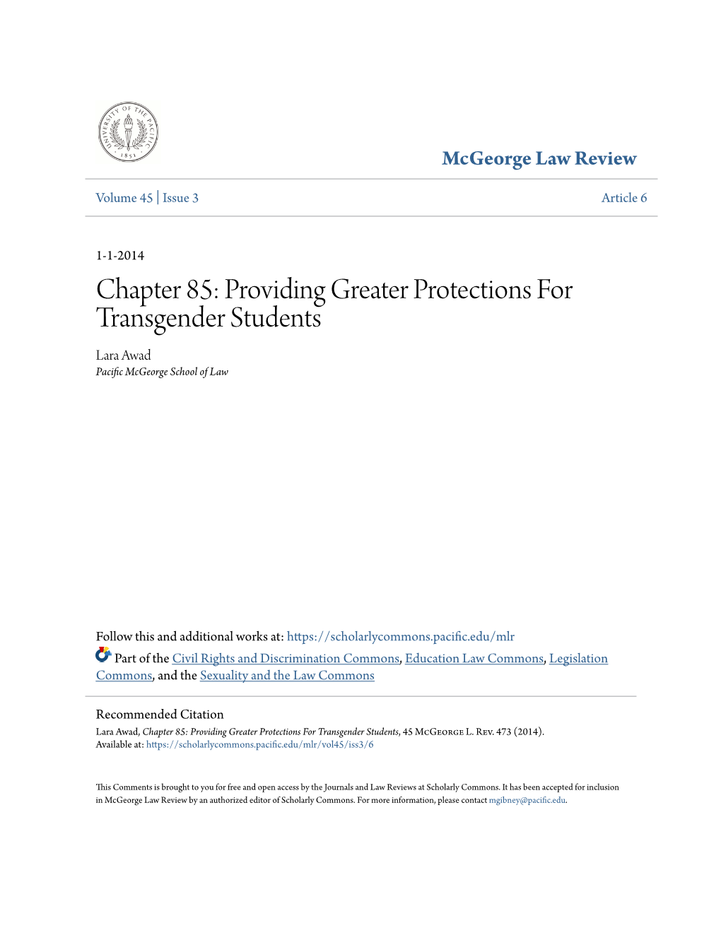 Providing Greater Protections for Transgender Students Lara Awad Pacific Cgem Orge School of Law