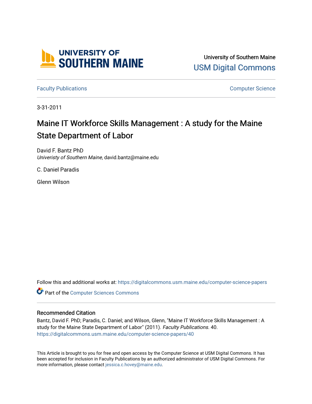 Maine IT Workforce Skills Management : a Study for the Maine State Department of Labor