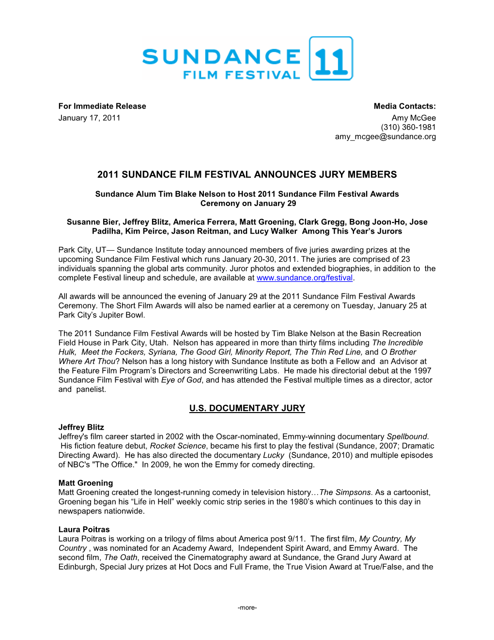 2011 Sundance Film Festival Announces Jury Members