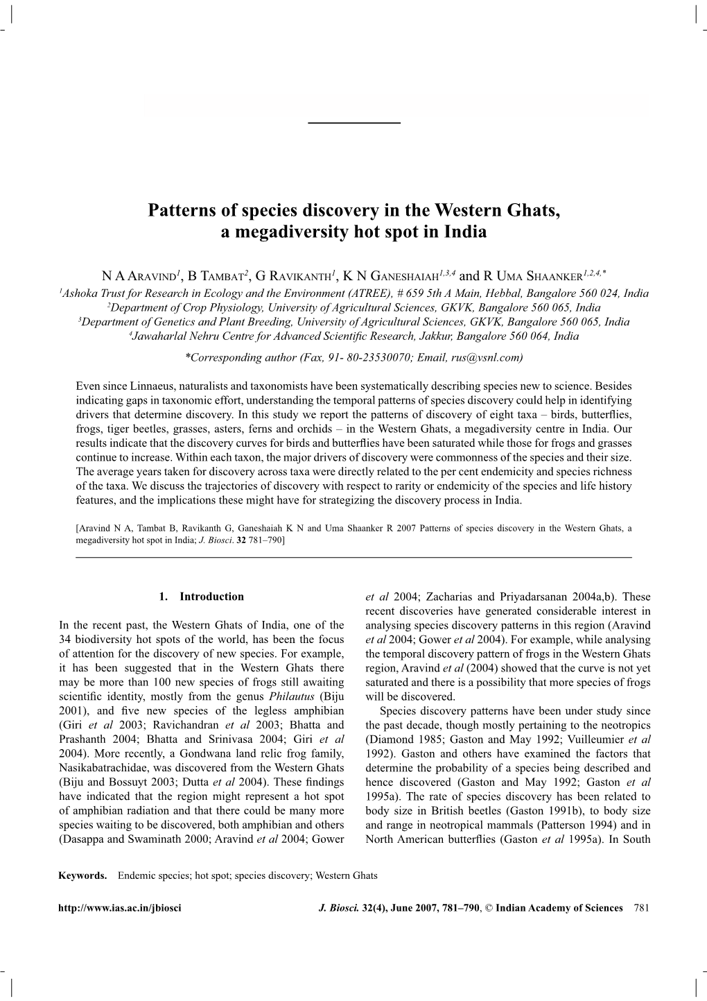Patterns of Species Discovery in the Western Ghats, a Megadiversity Hot Spot in India