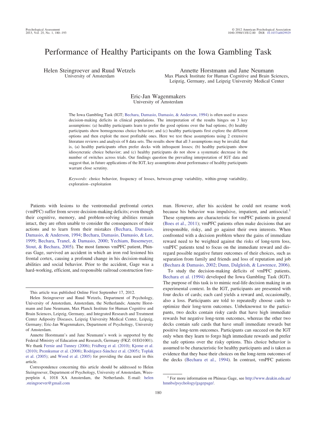 Performance of Healthy Participants on the Iowa Gambling Task