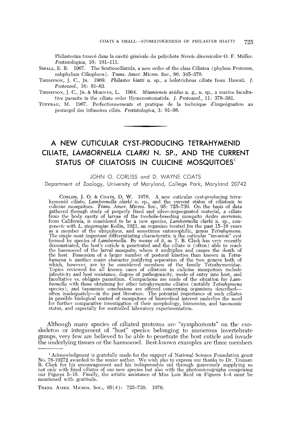 A NEW CUTICULAR CYST-PRODUCING TETRAHYMENID CILIATE, LAMBORNELLA CLARKI N. SP., and the CURRENT STATUS of CILIATOSIS in CULICINE MOSQUITOES L