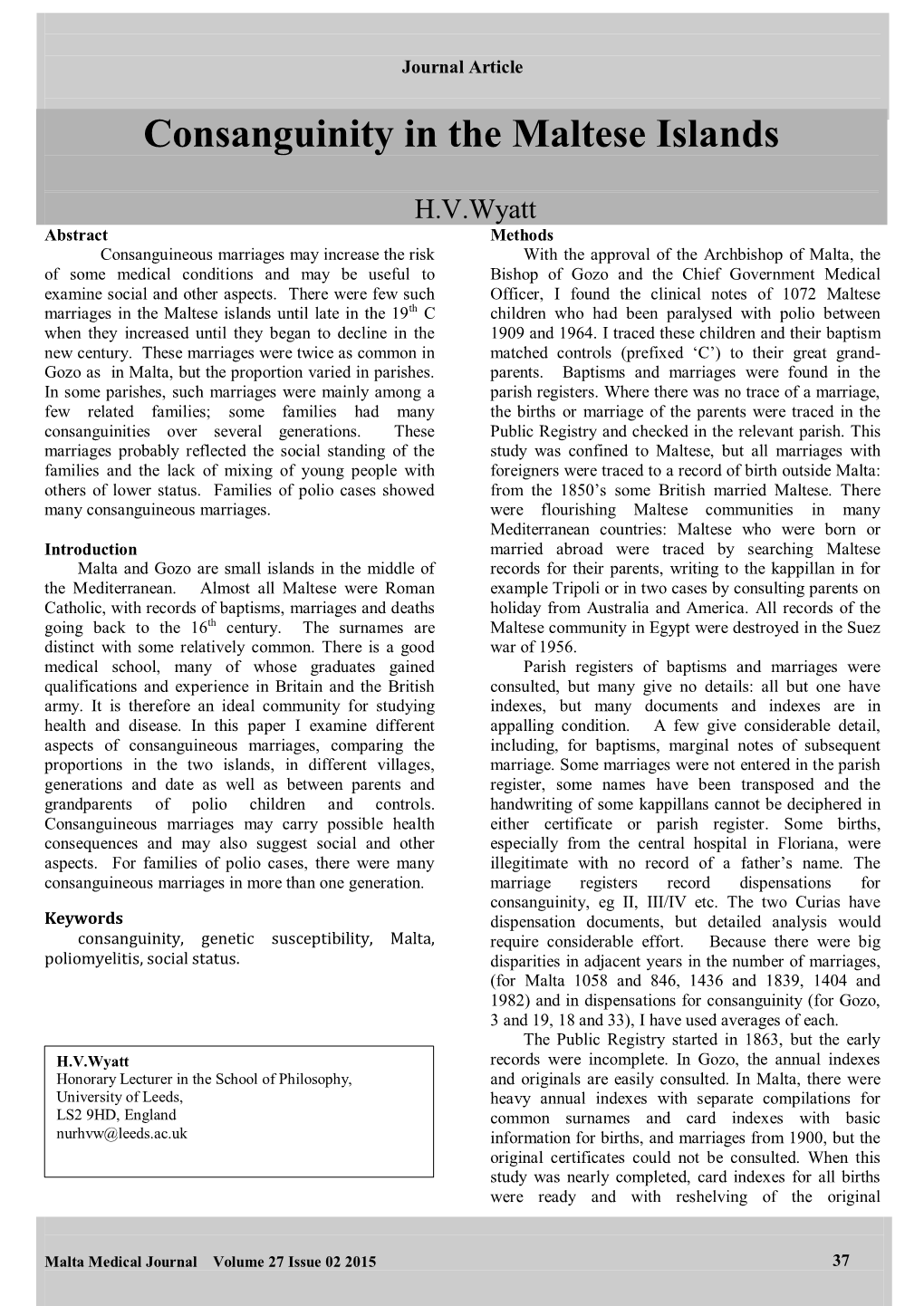 Consanguinity in the Maltese Islands