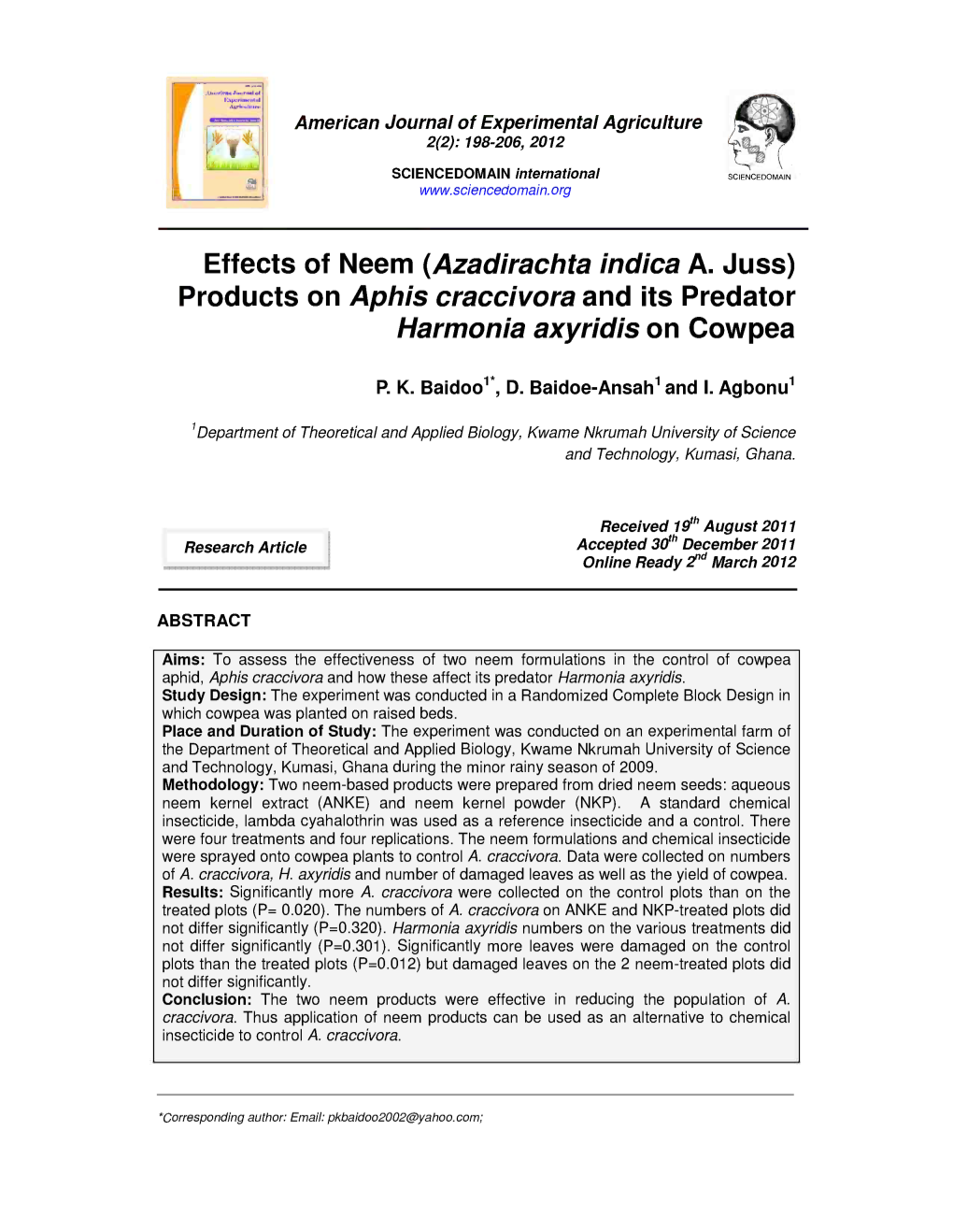 Products on Aphis Craccivora and Its Predator Harmonia Axyridis on Cowpea
