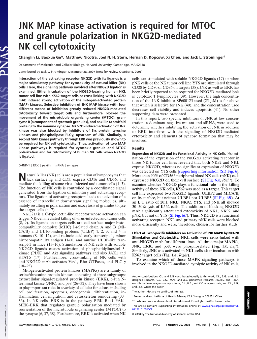 JNK MAP Kinase Activation Is Required for MTOC and Granule Polarization in NKG2D-Mediated NK Cell Cytotoxicity