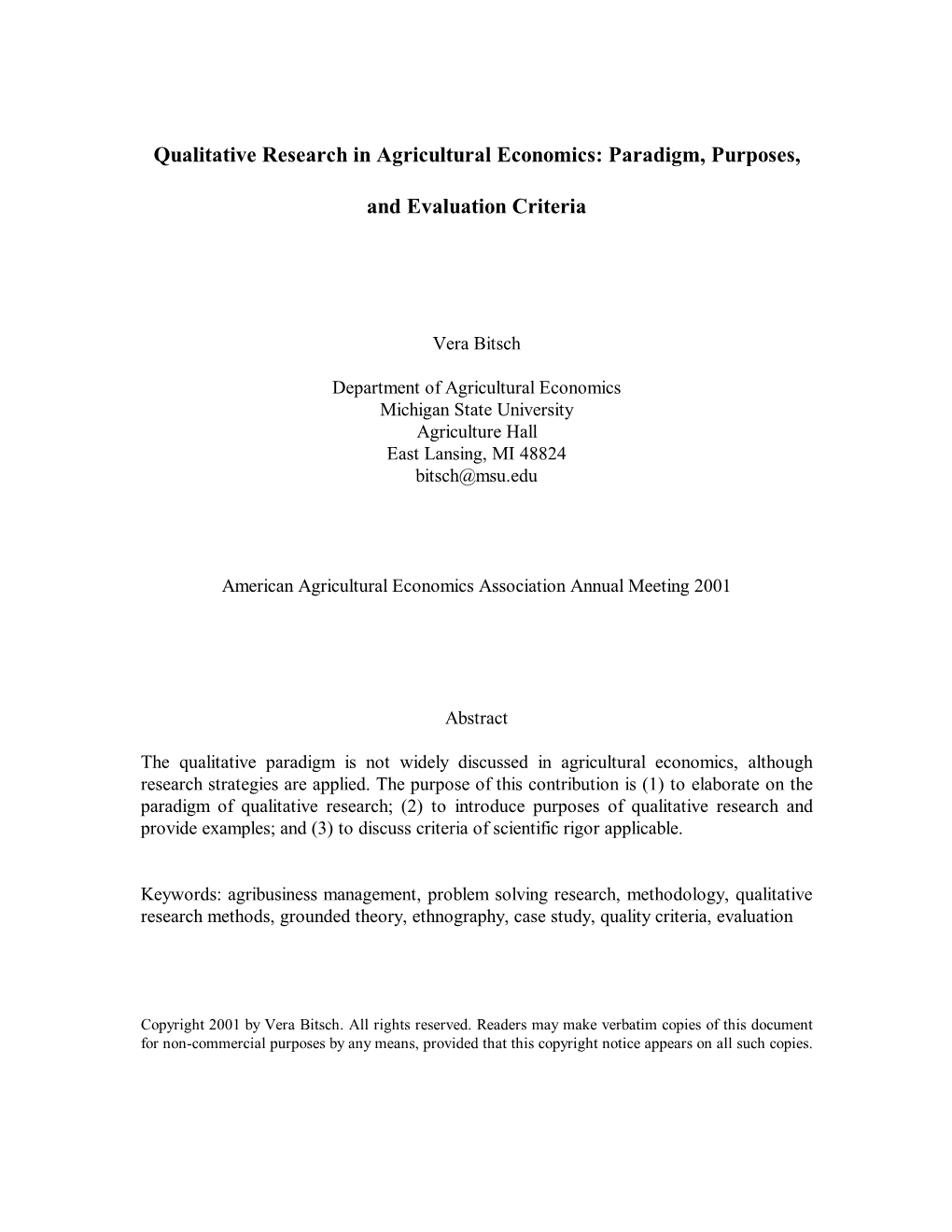 Qualitative Research in Agricultural Economics: Paradigm, Purposes