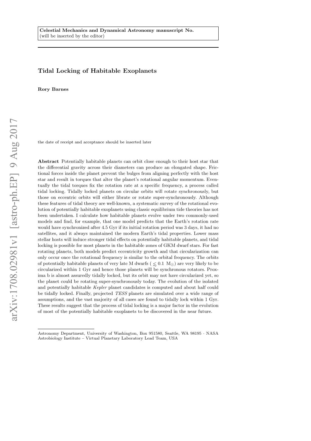 Tidal Locking of Habitable Exoplanets