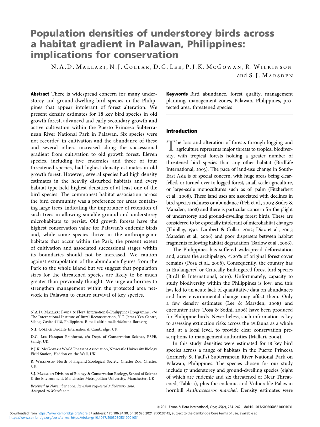 Population Densities of Understorey Birds Across a Habitat Gradient in Palawan, Philippines: Implications for Conservation N.A.D